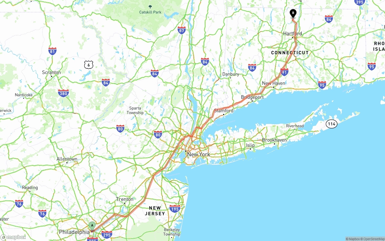 Shipping route from Philadelphia to Bradley International Airport
