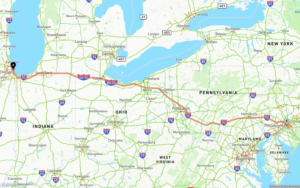 Shipping route from Philadelphia to Chicago