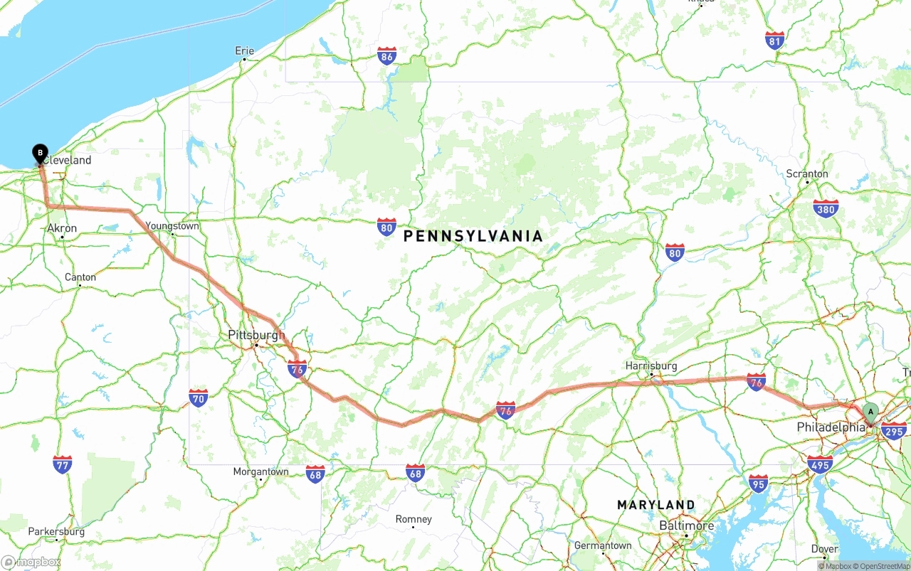 Shipping route from Philadelphia to Cleveland