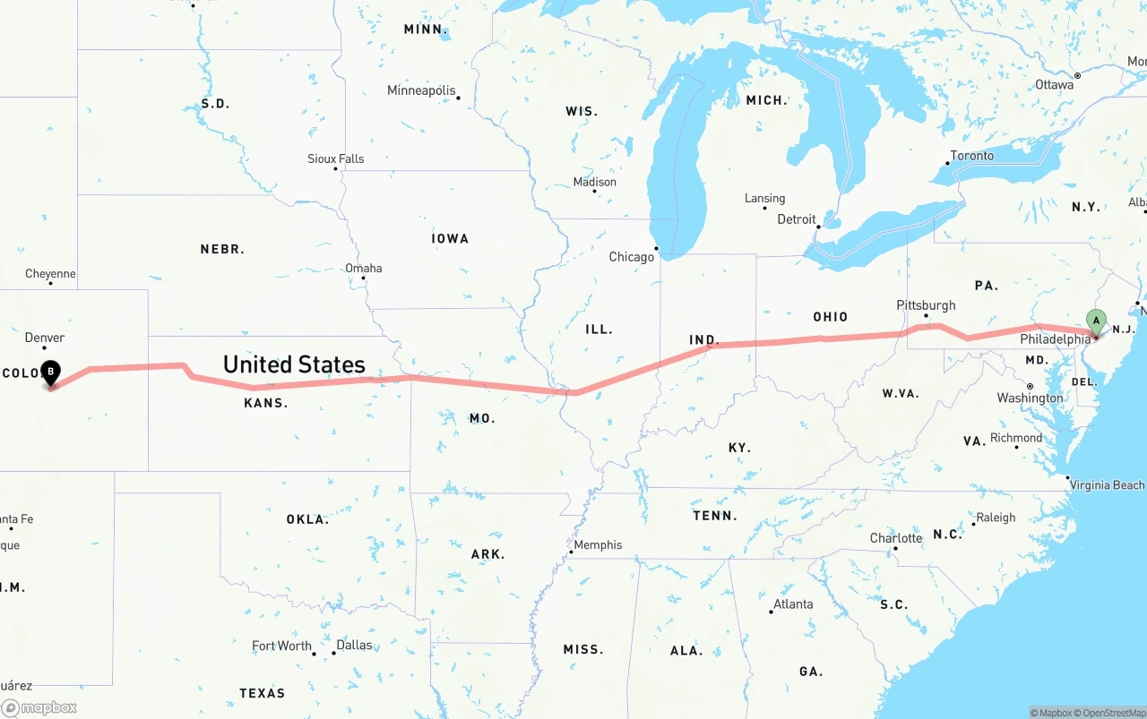 Shipping route from Philadelphia to Colorado Springs