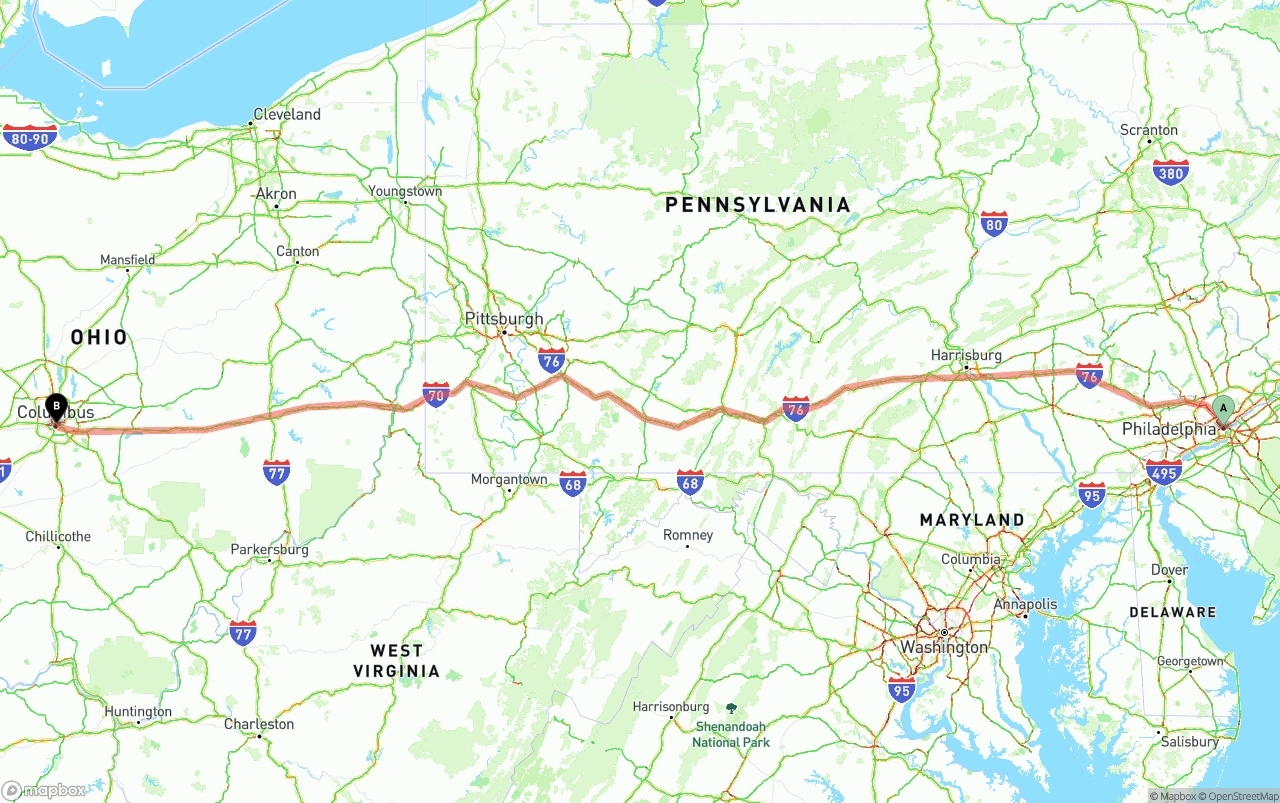 Shipping route from Philadelphia to Columbus