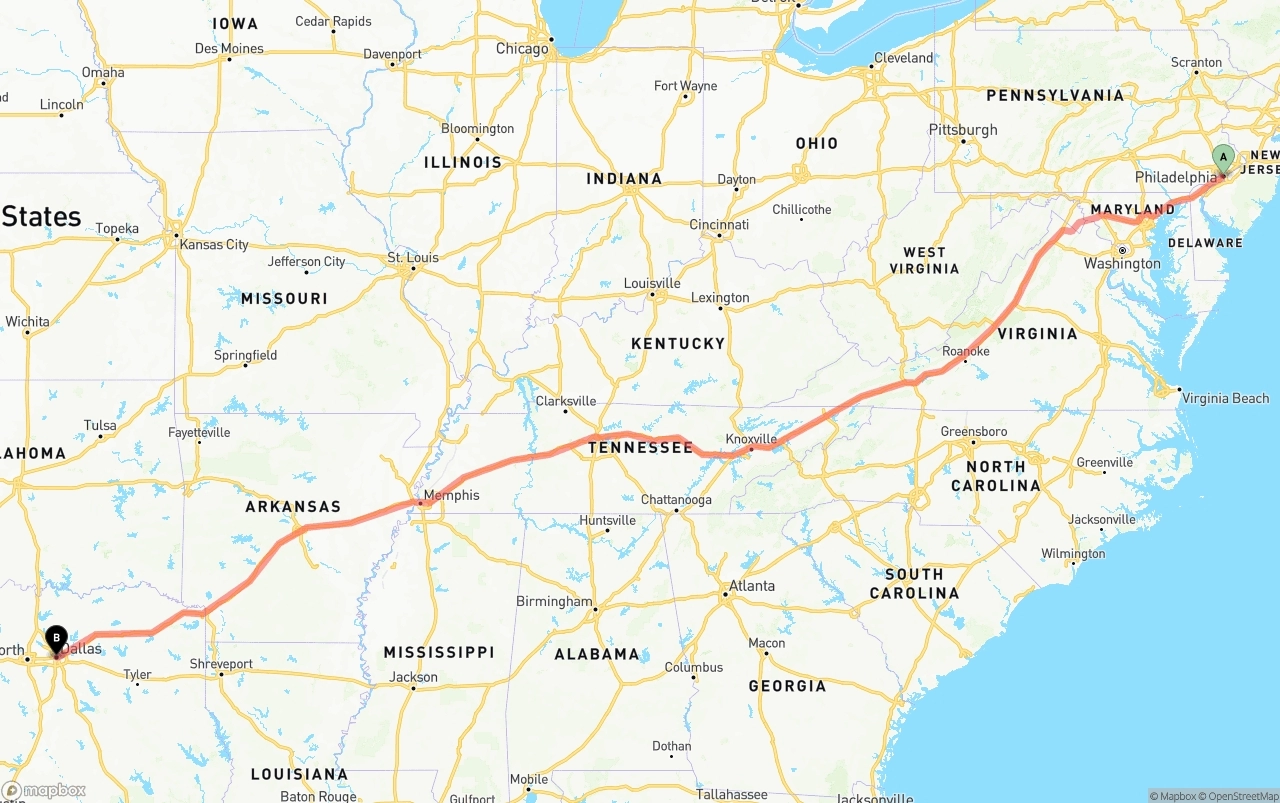 Shipping route from Philadelphia to Dallas