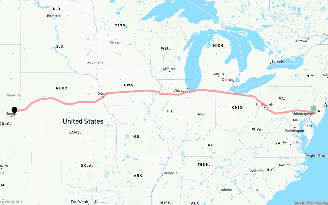 Shipping route from Philadelphia to Denver International Airport