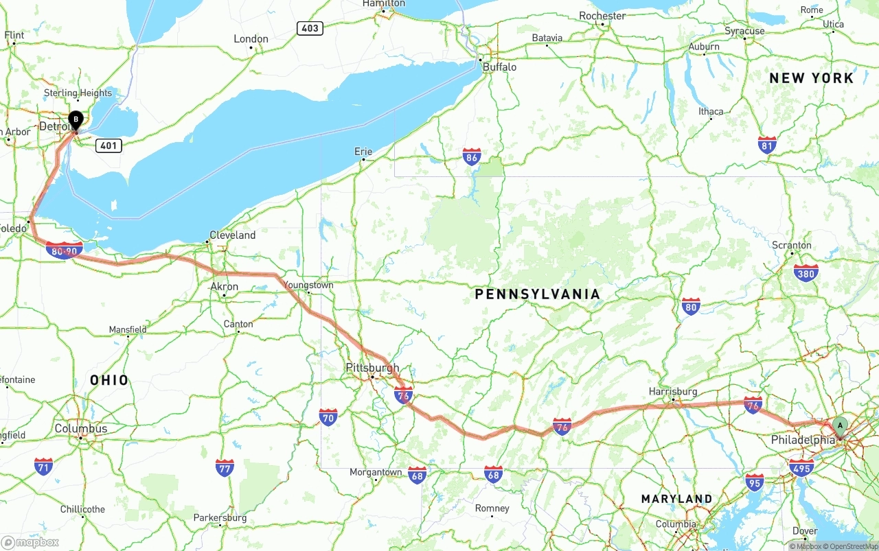 Shipping route from Philadelphia to Detroit