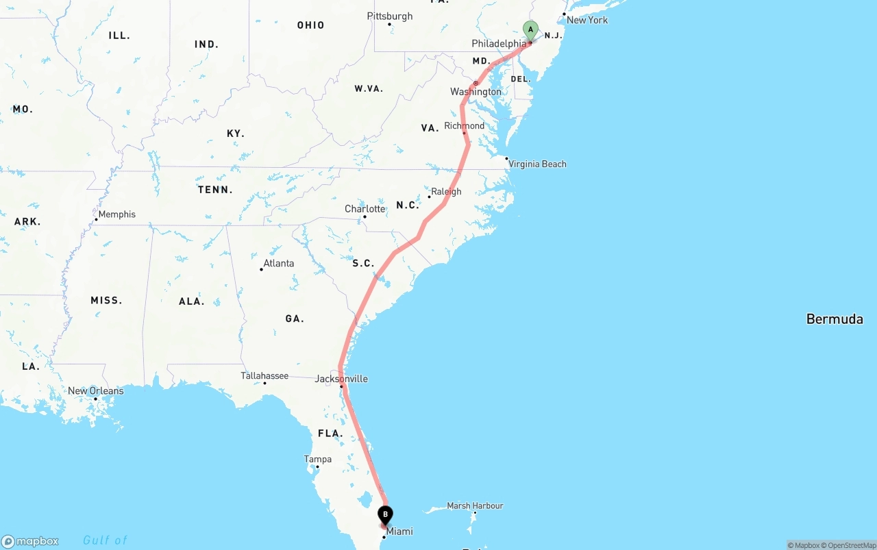 Shipping route from Philadelphia to Fort Lauderdale-Hollywood International Airport
