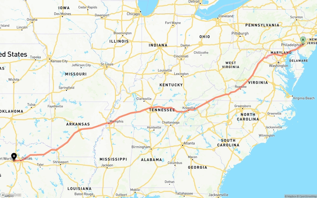 Shipping route from Philadelphia to Fort Worth