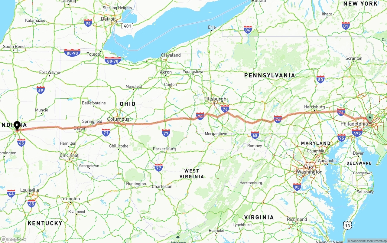 Shipping route from Philadelphia to Indianapolis