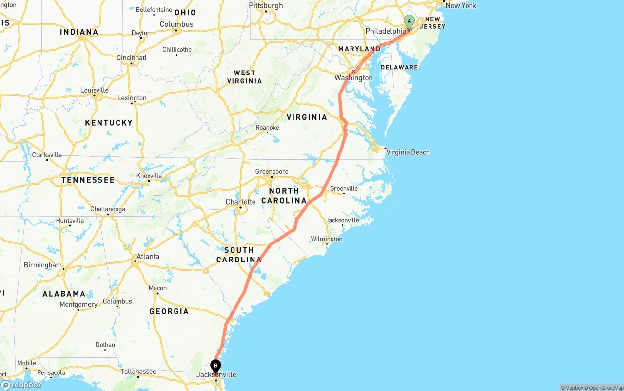 Shipping route from Philadelphia to Jacksonville International Airport