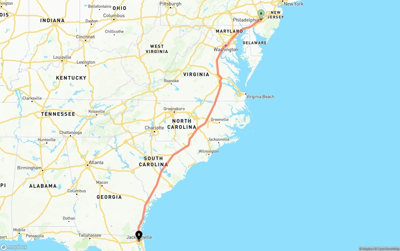 Shipping route from Philadelphia to Jacksonville