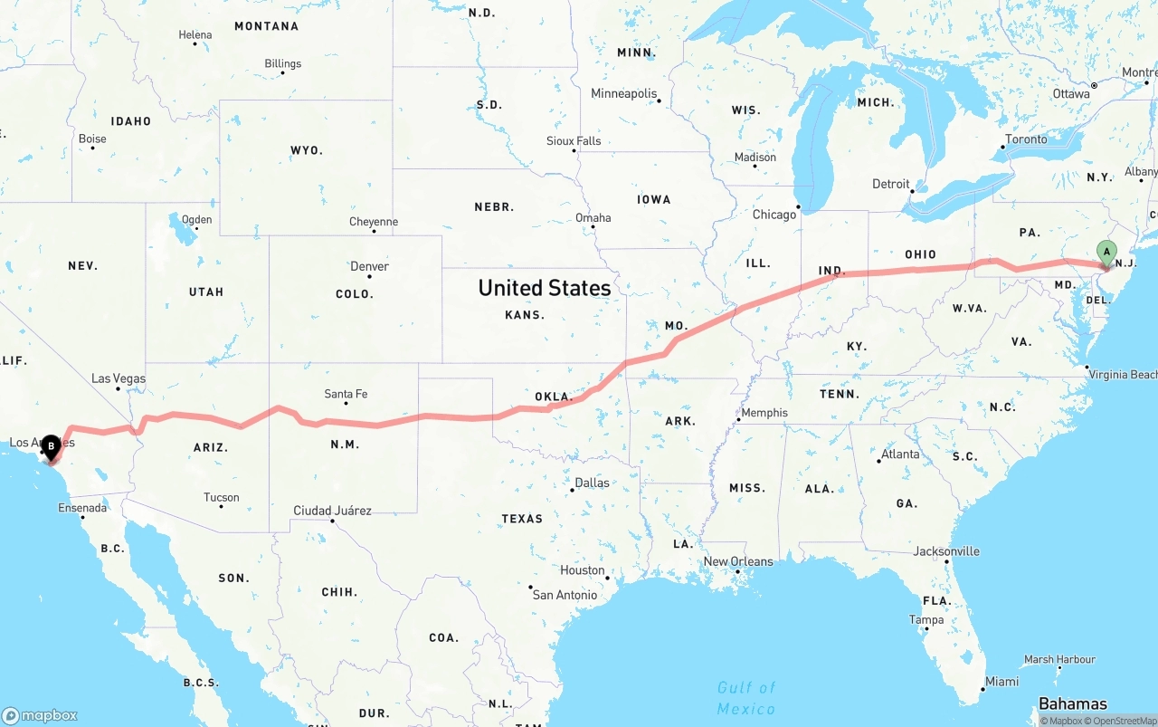 Shipping route from Philadelphia to John Wayne Airport — Orange County
