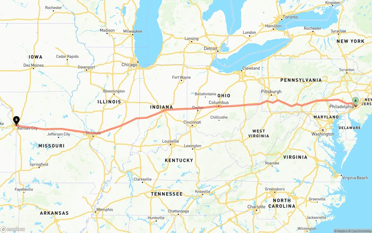Shipping route from Philadelphia to Kansas City