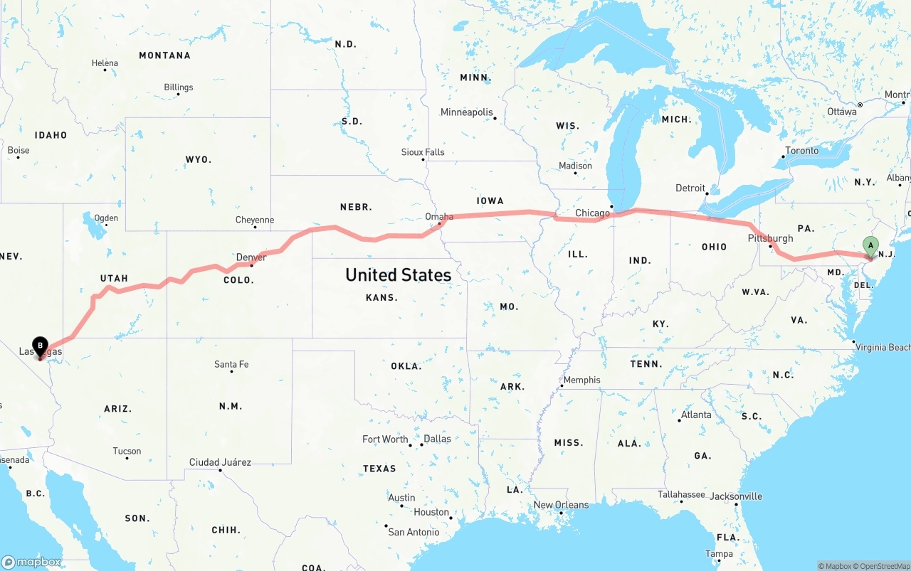 Shipping route from Philadelphia to Las Vegas