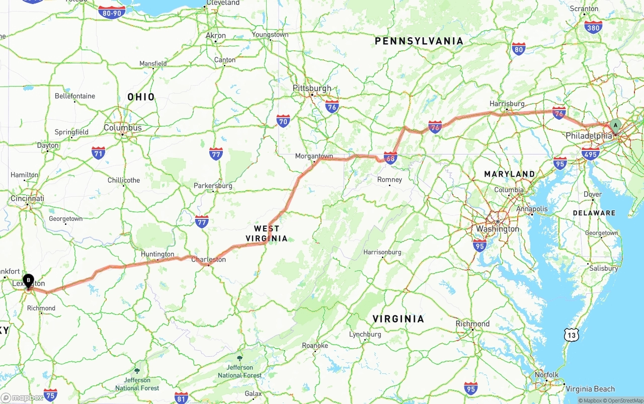 Shipping route from Philadelphia to Lexington