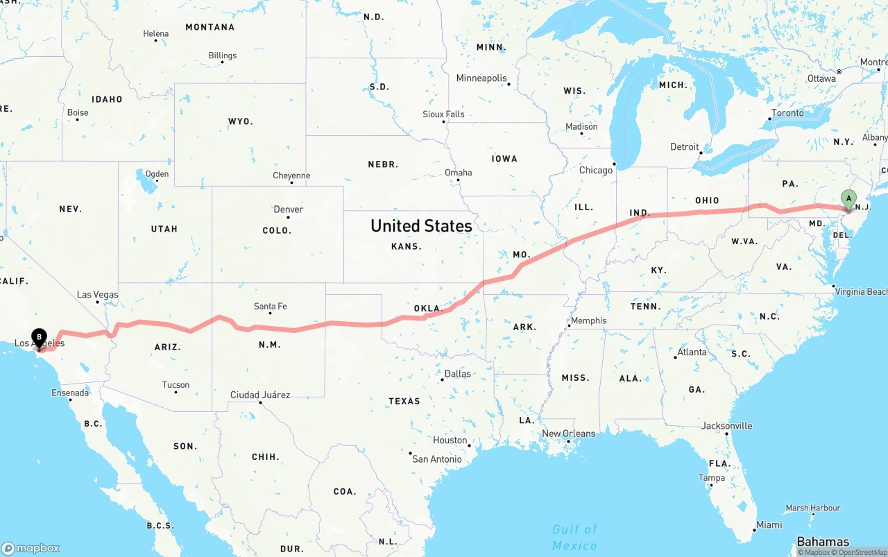 Shipping route from Philadelphia to Los Angeles