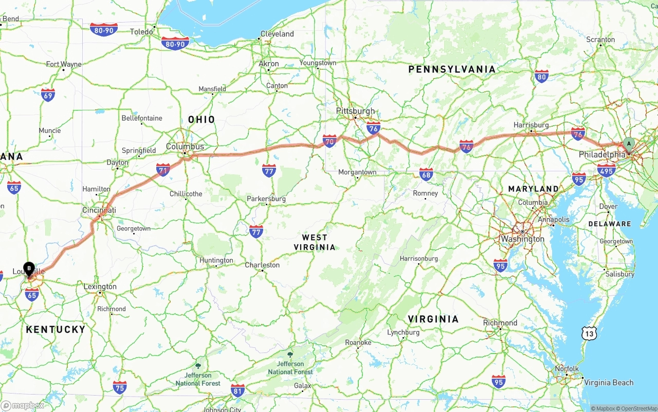 Shipping route from Philadelphia to Louisville