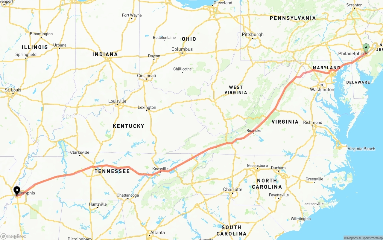 Shipping route from Philadelphia to Memphis