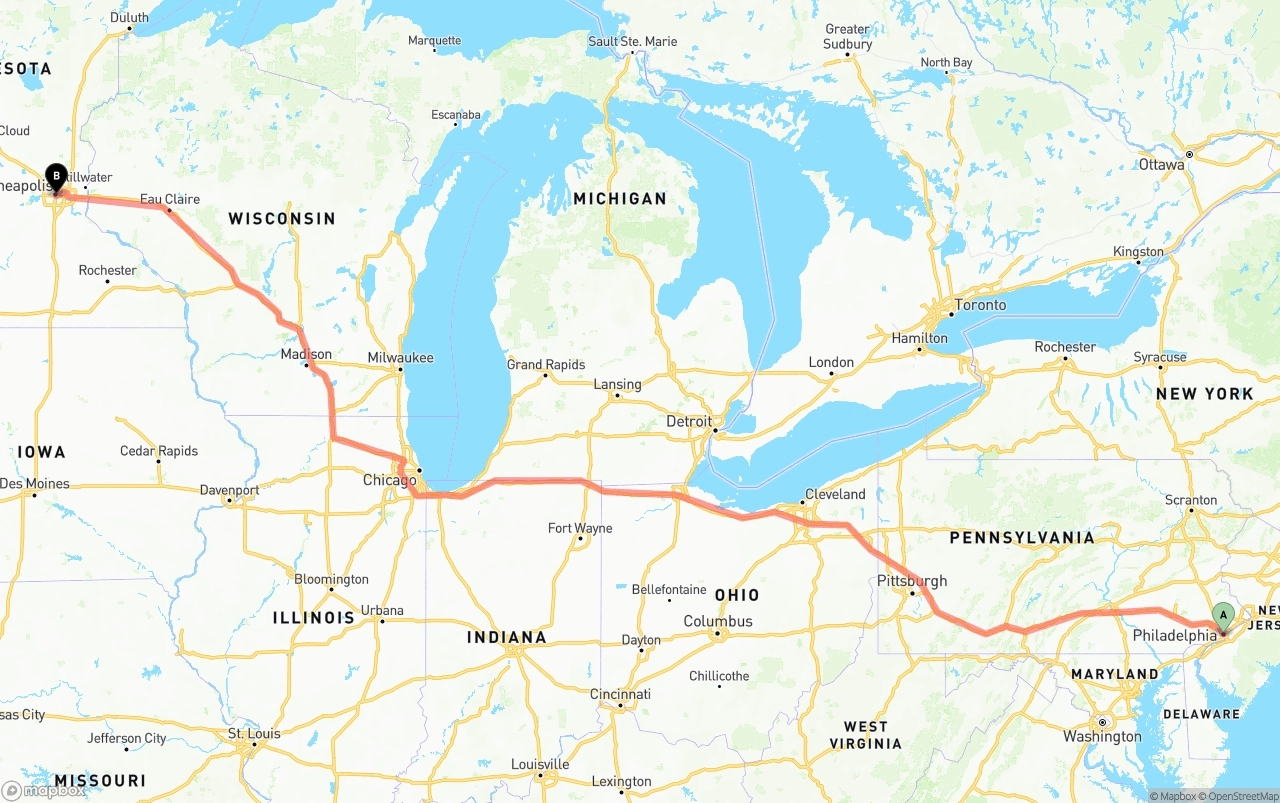 Shipping route from Philadelphia to Minneapolis