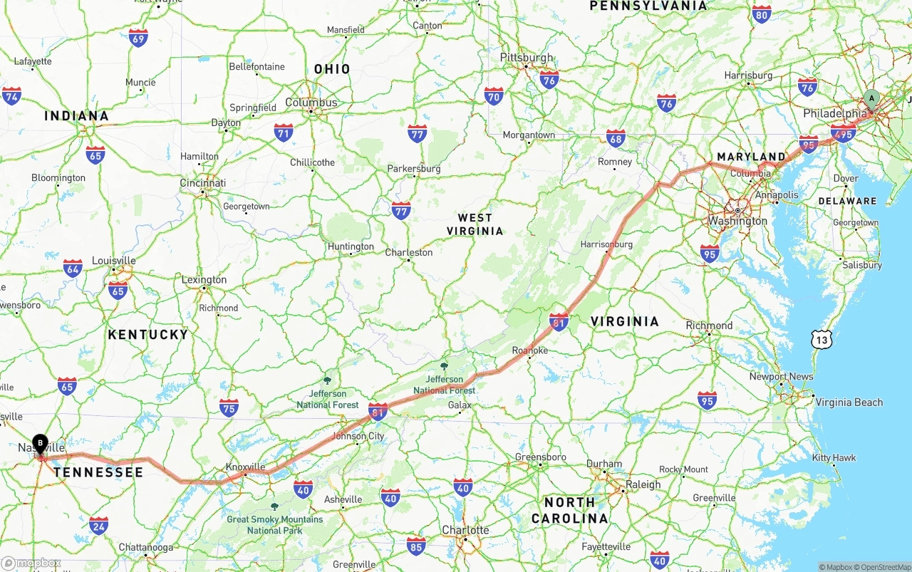 Shipping route from Philadelphia to Nashville