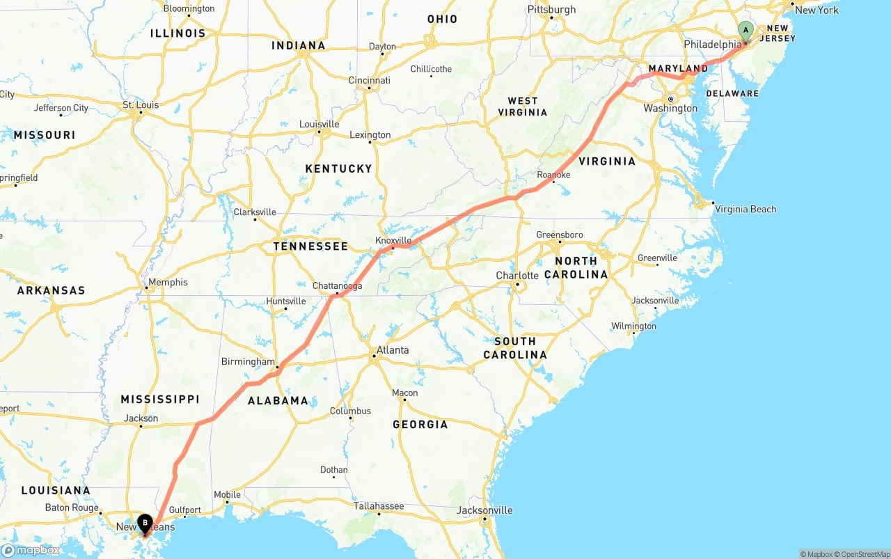 Shipping route from Philadelphia to New Orleans
