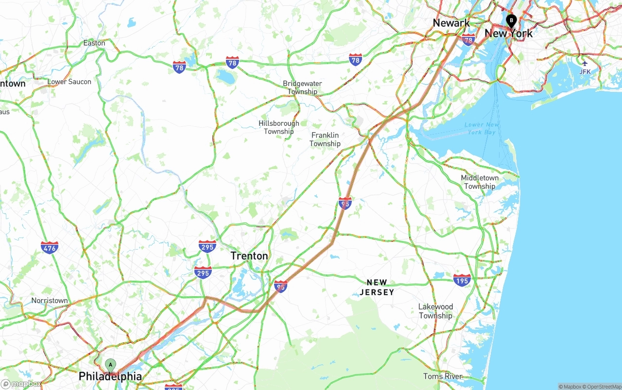 Shipping route from Philadelphia to New York City
