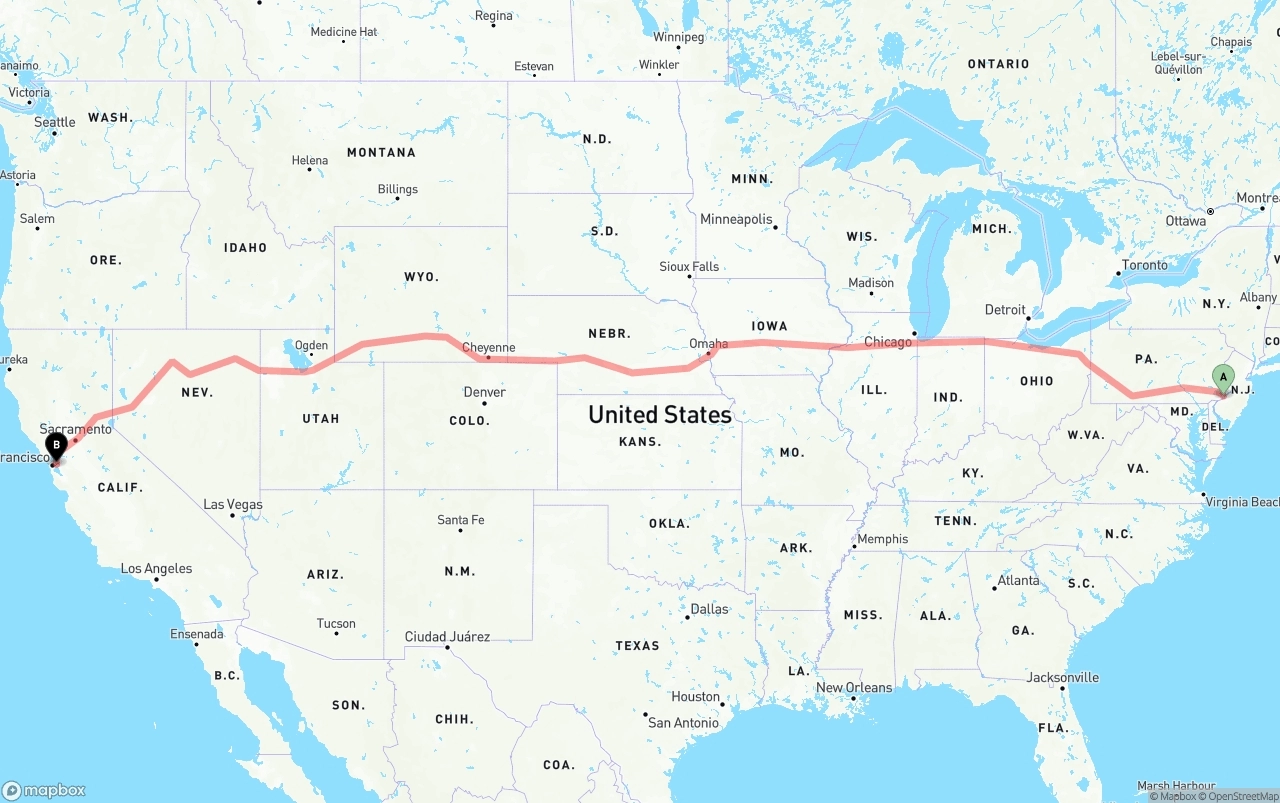 Shipping route from Philadelphia to Oakland