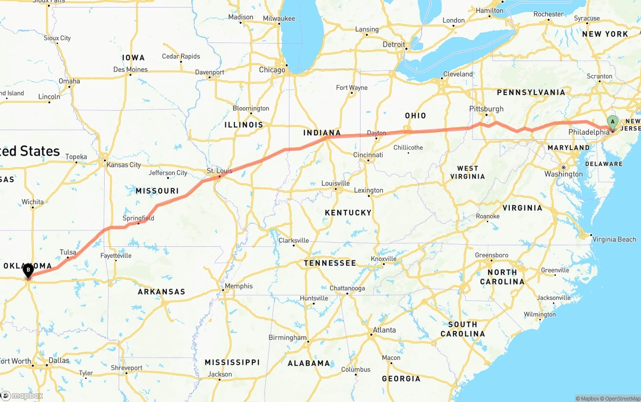 Shipping route from Philadelphia to Oklahoma City