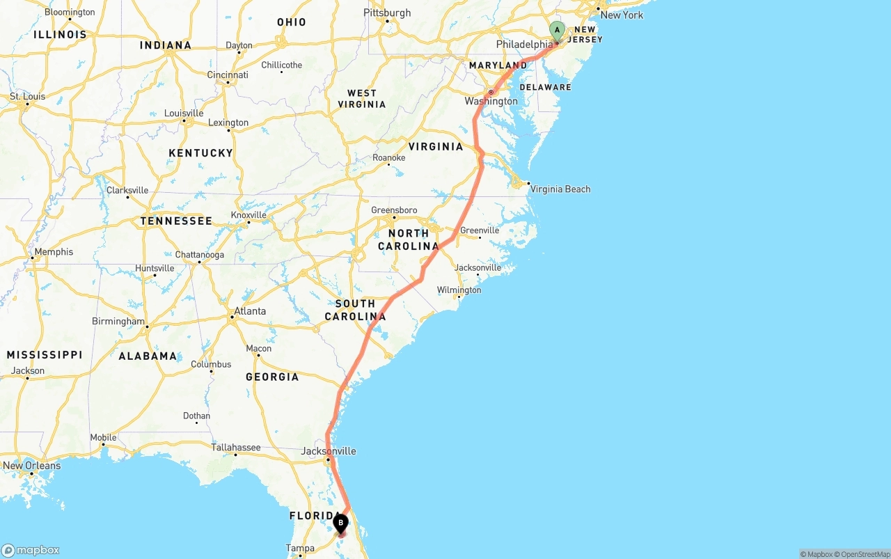Shipping route from Philadelphia to Orlando International Airport