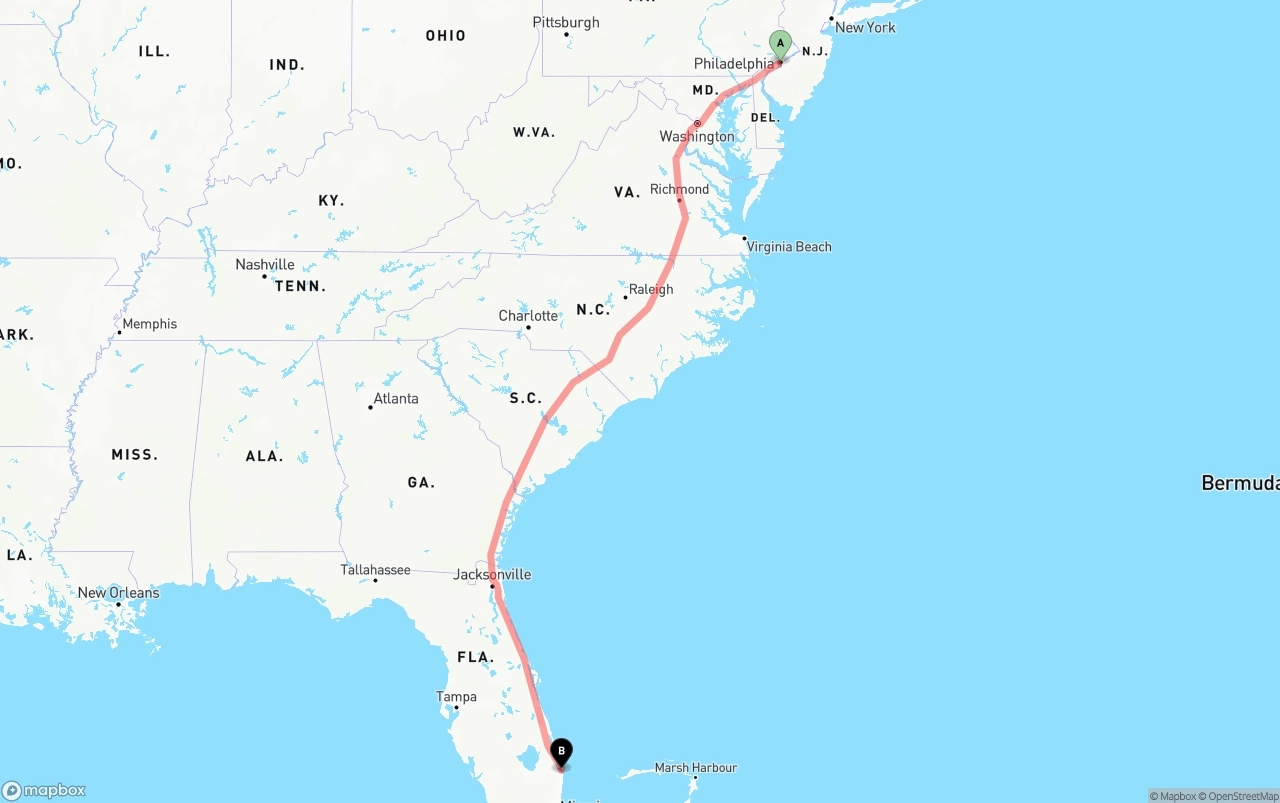 Shipping route from Philadelphia to Palm Beach International Airport