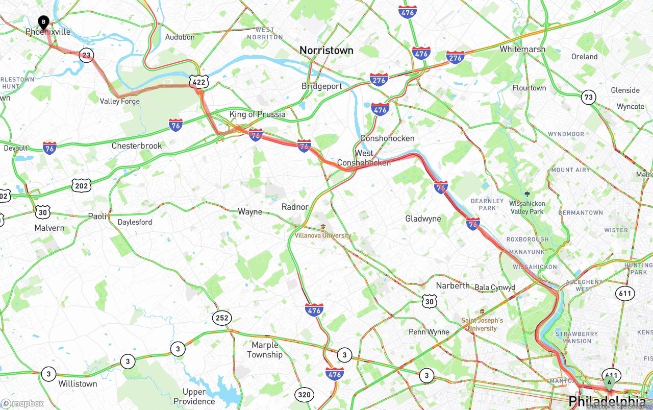 Shipping route from Philadelphia to Phoenix