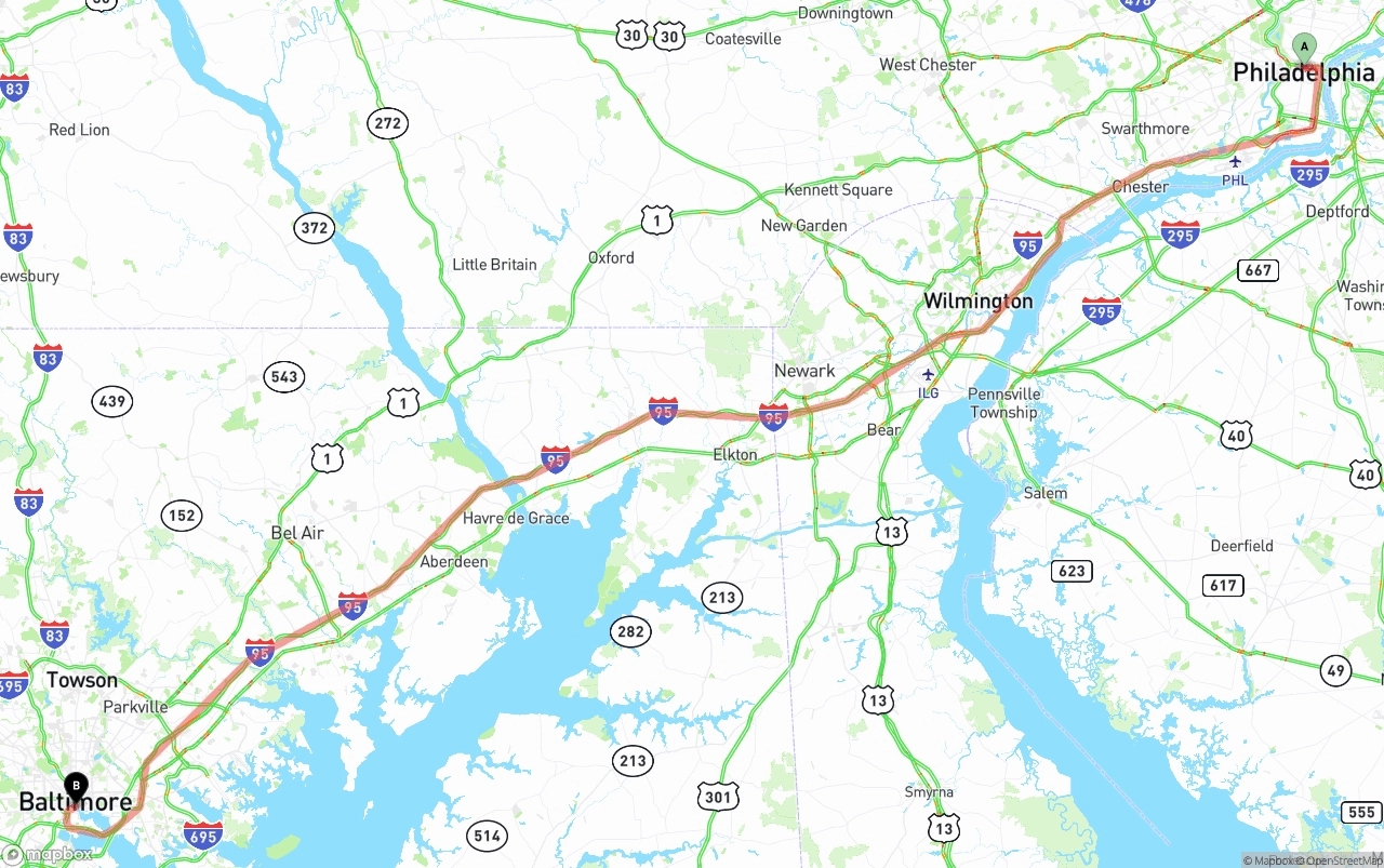 Shipping route from Philadelphia to Port of Baltimore