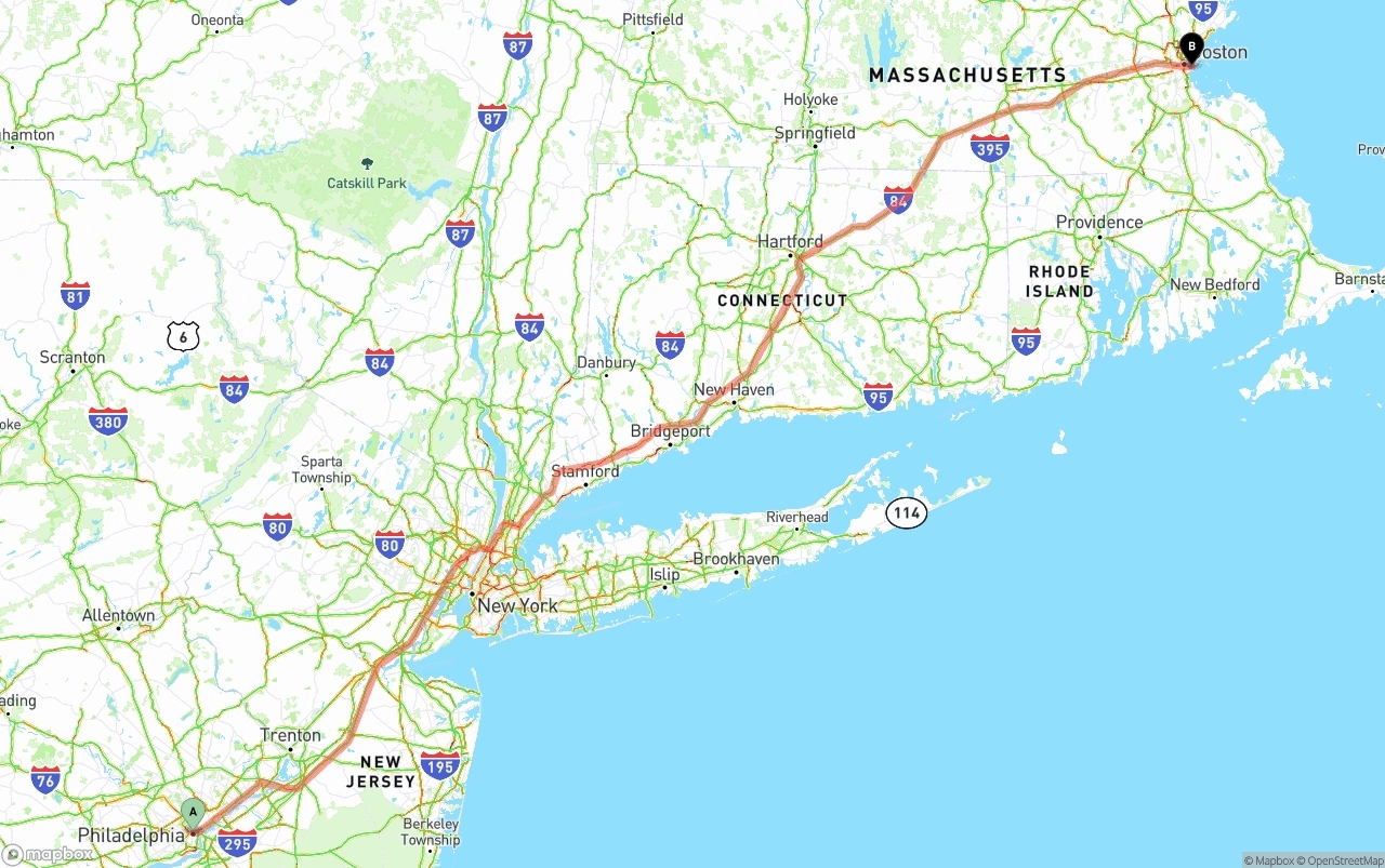 Shipping route from Philadelphia to Port of Boston