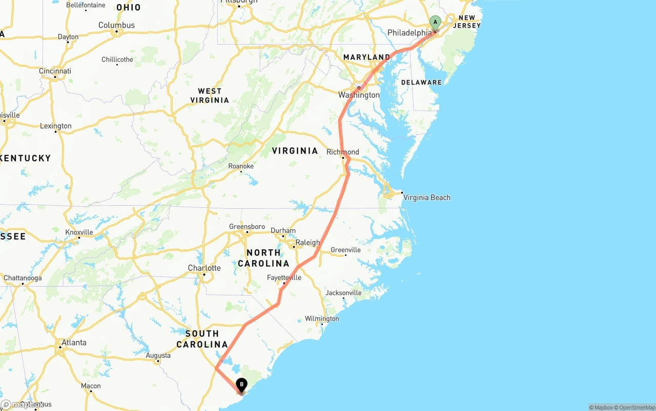 Shipping route from Philadelphia to Port of Charleston