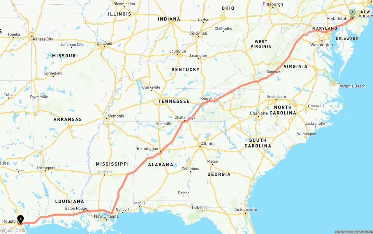 Shipping route from Philadelphia to Port of Houston