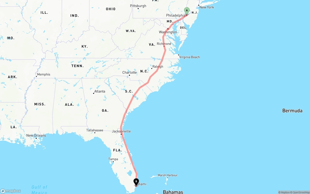 Shipping route from Philadelphia to Port of Miami