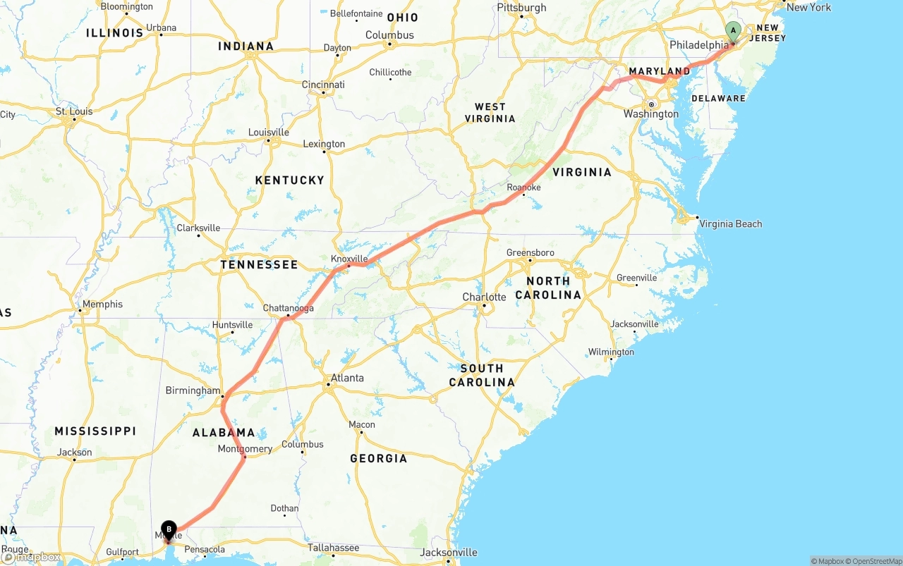 Shipping route from Philadelphia to Port of Mobile