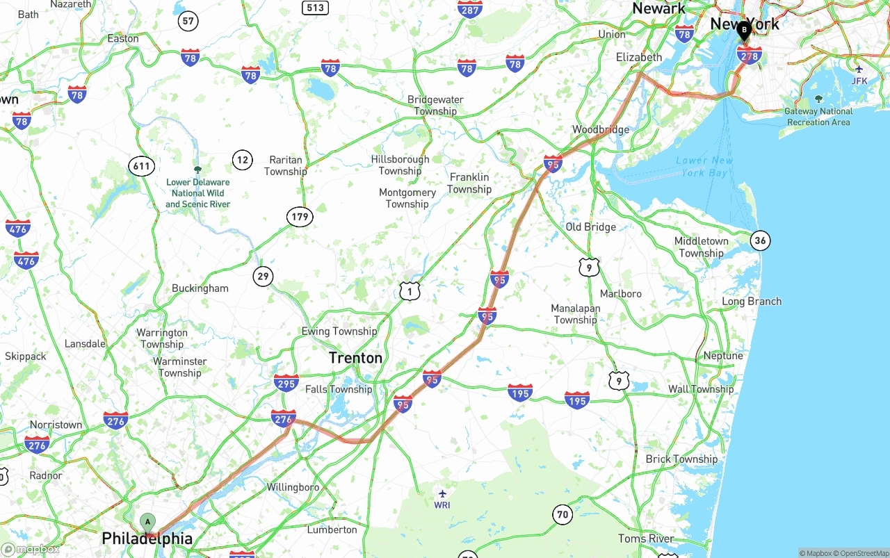 Shipping route from Philadelphia to Port of New York