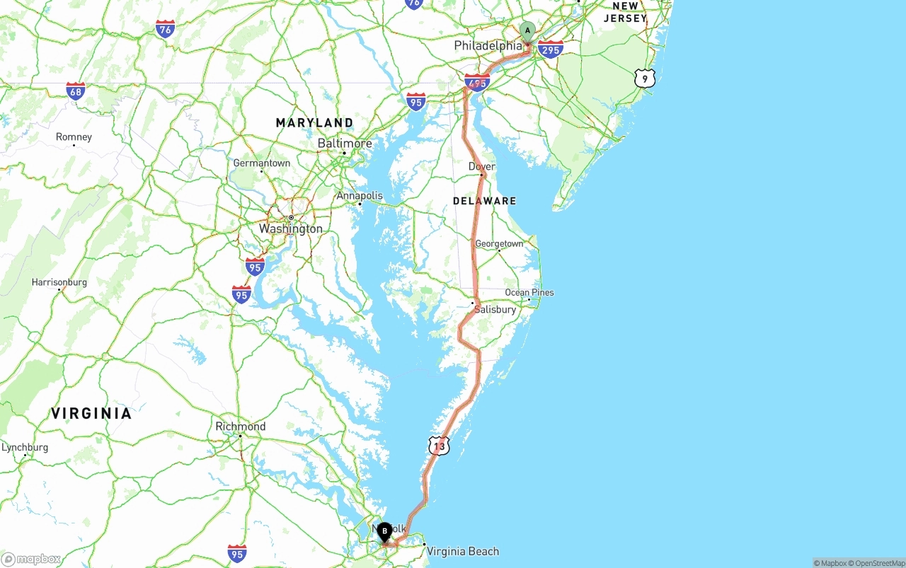 Shipping route from Philadelphia to Port of Norfolk