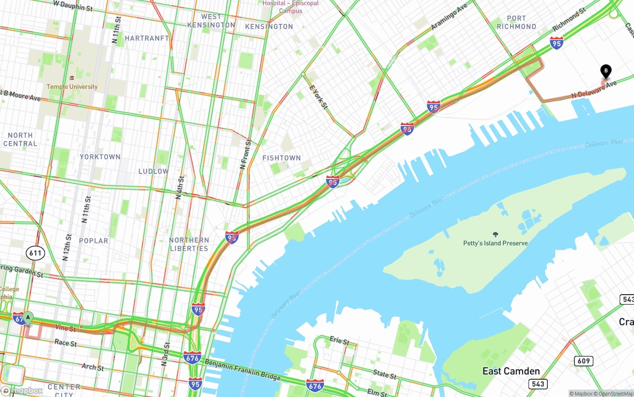 Shipping route from Philadelphia to Port of Philadelphia