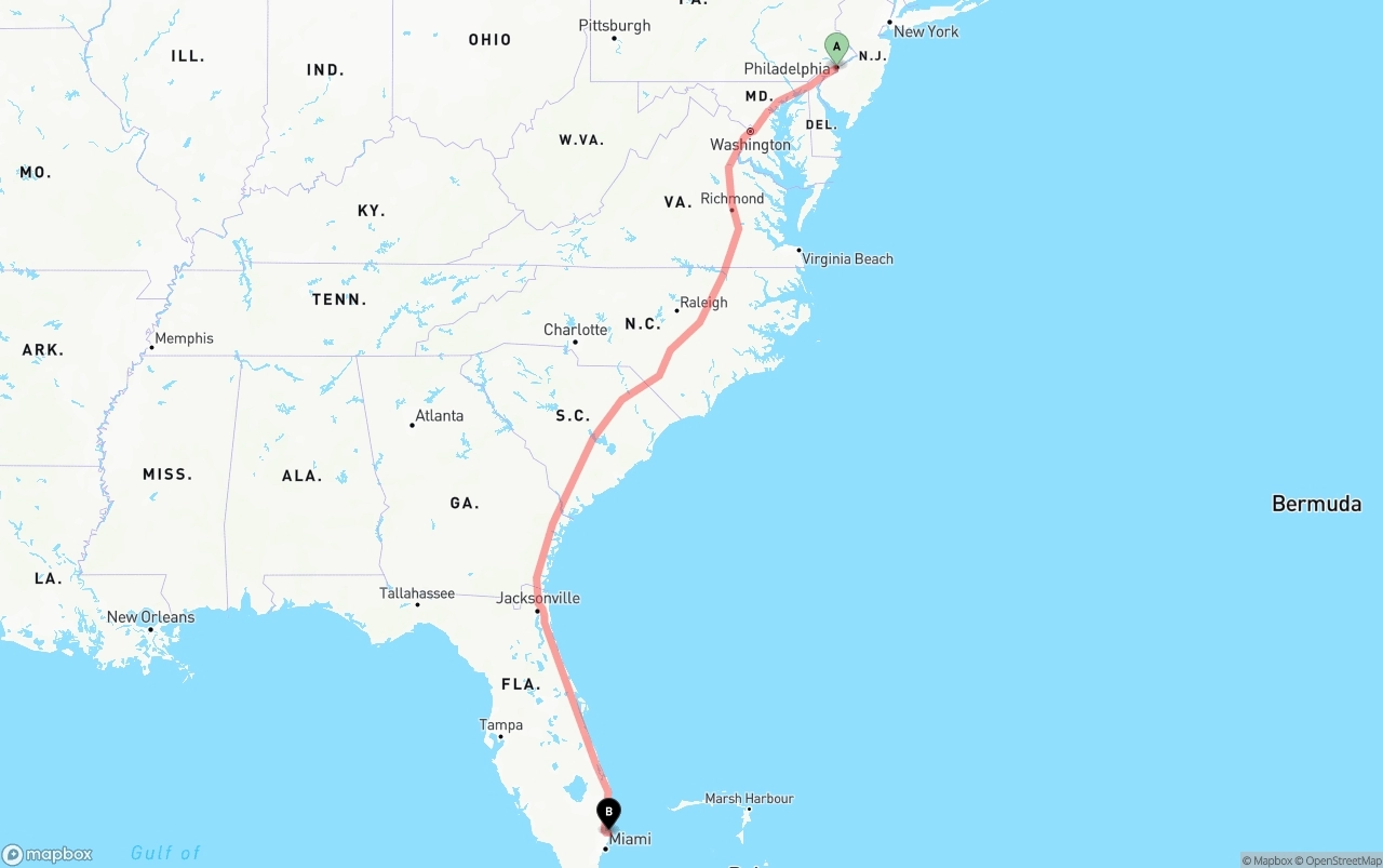 Shipping route from Philadelphia to Port of Port Everglades