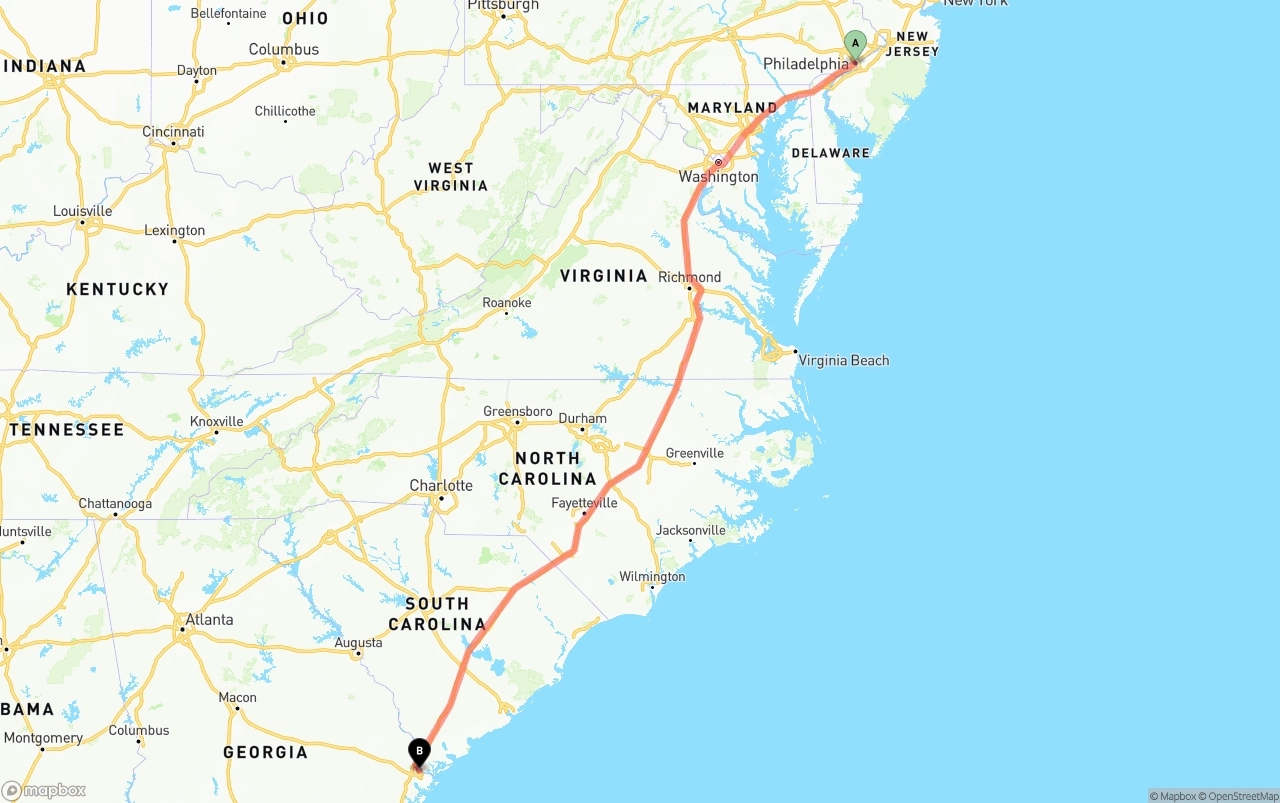 Shipping route from Philadelphia to Port of Savannah