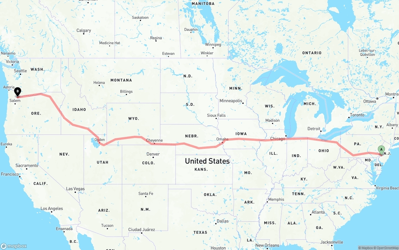 Shipping route from Philadelphia to Portland