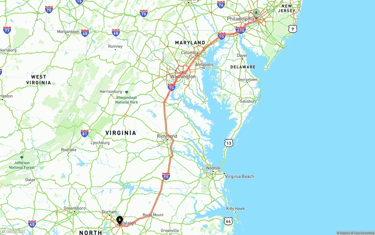 Shipping route from Philadelphia to Raleigh