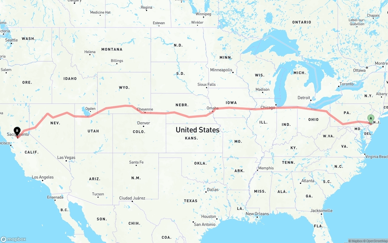 Shipping route from Philadelphia to Sacramento International Airport