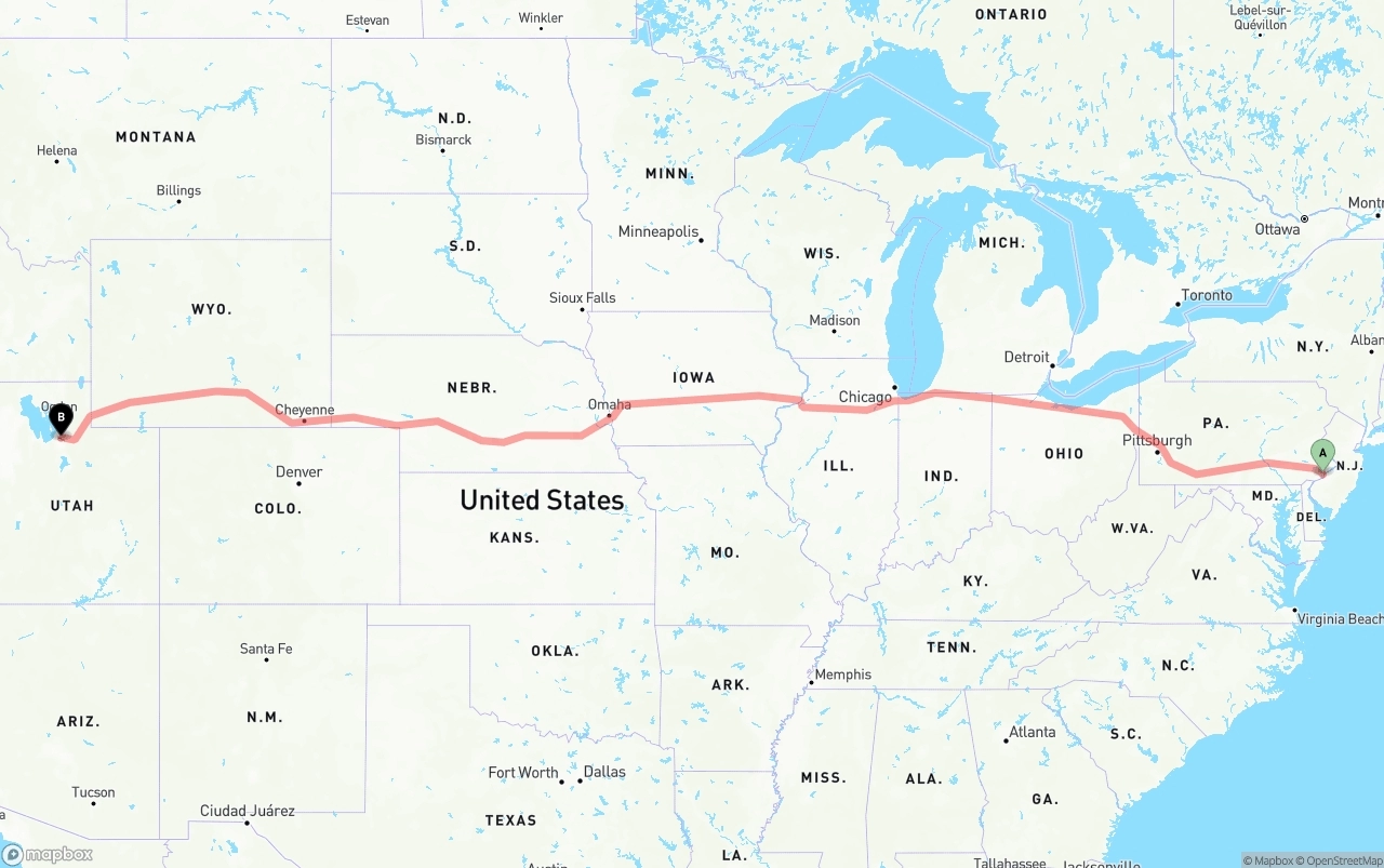 Shipping route from Philadelphia to Salt Lake City