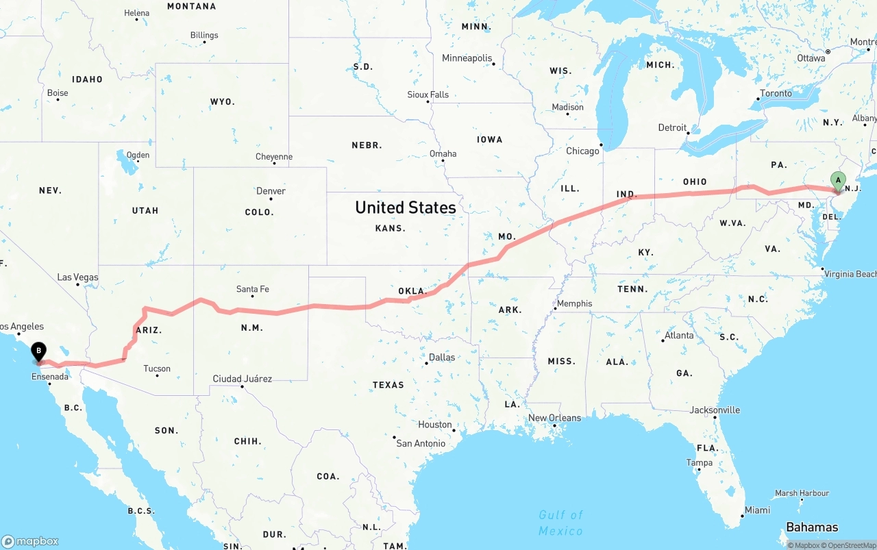 Shipping route from Philadelphia to San Diego International Airport