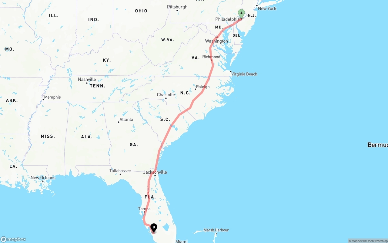 Shipping route from Philadelphia to Southwest Florida International Airport