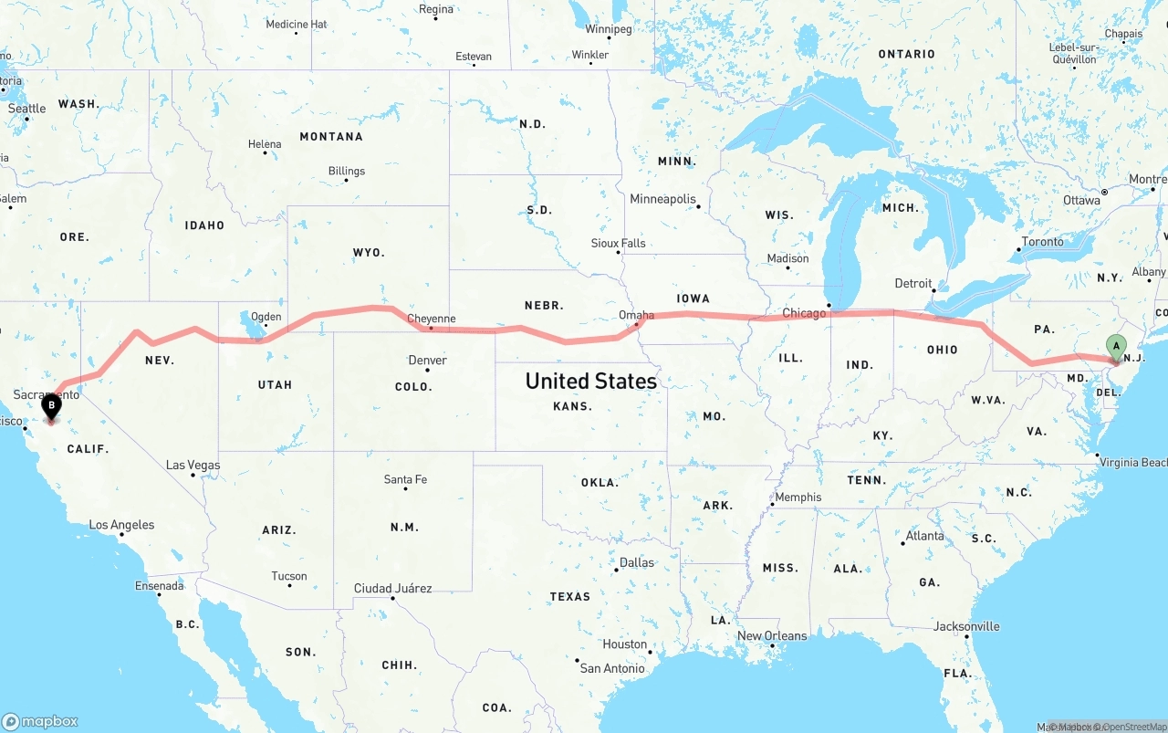 Shipping route from Philadelphia to Stockton