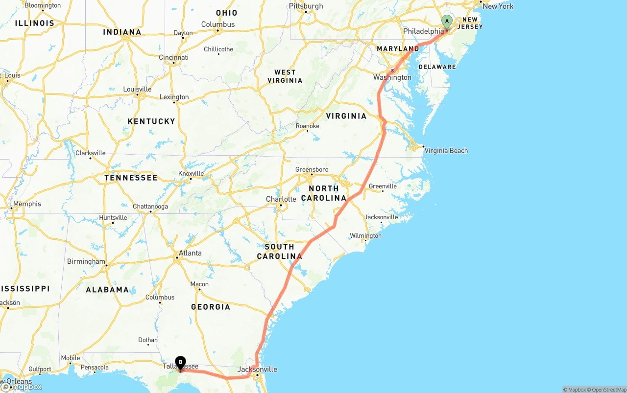 Shipping route from Philadelphia to Tallahassee