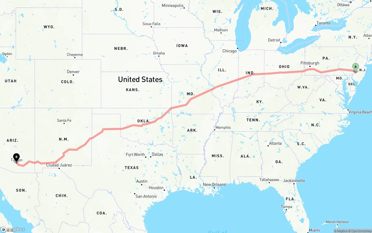 Shipping route from Philadelphia to Tucson