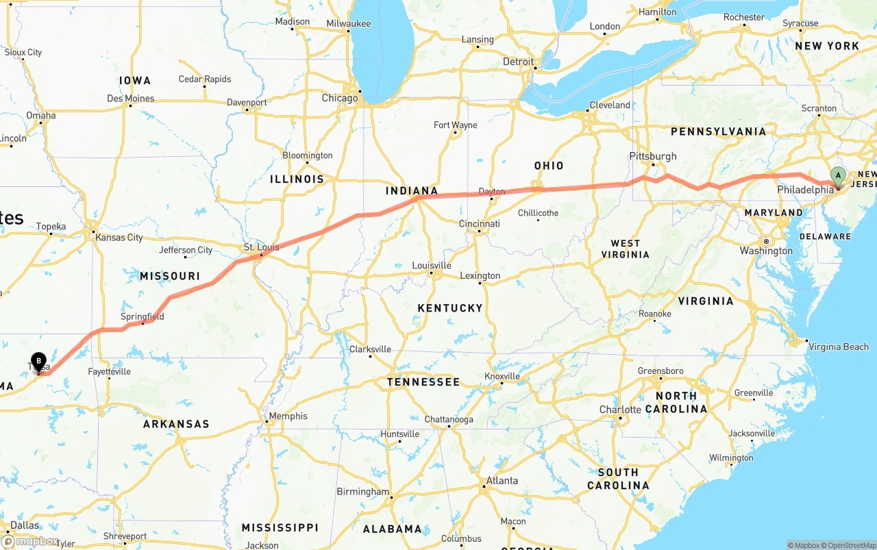 Shipping route from Philadelphia to Tulsa